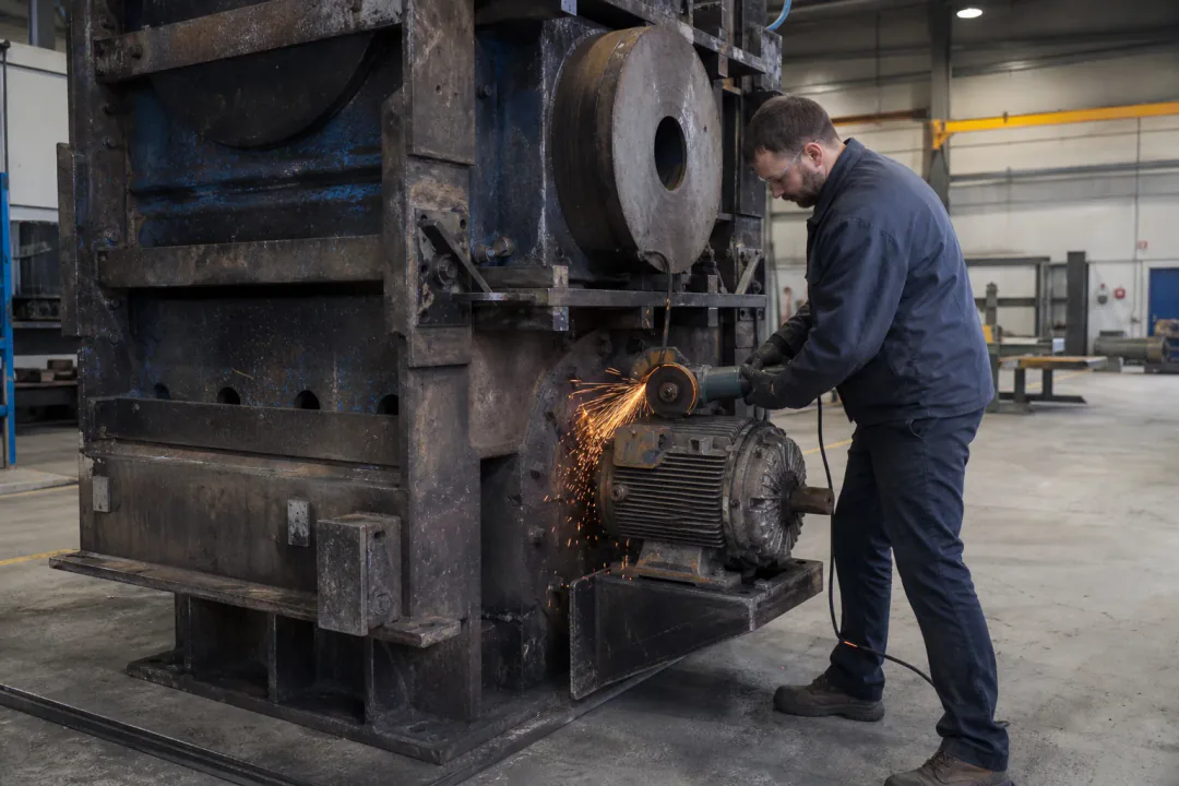 Werknemer demonteert met slijpschijf een motor van een grote machine in een fabriekshal