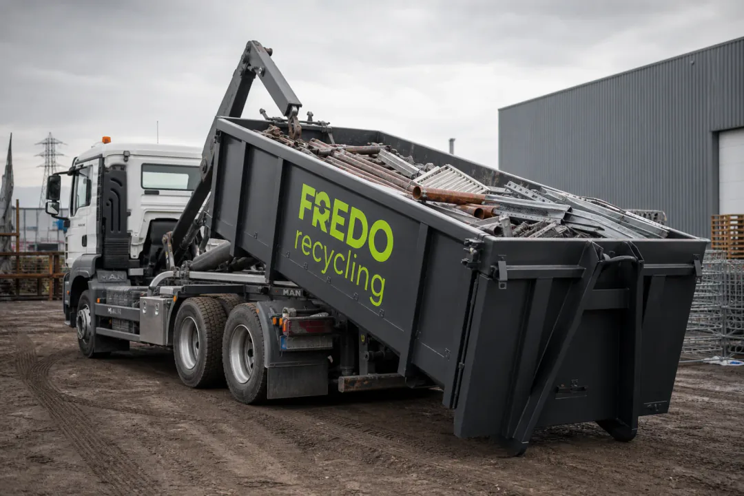 Open schrootcontainer met oud ijzer, laden met haakarm op een witte MAN-vrachtwagen van Fredo Recycling