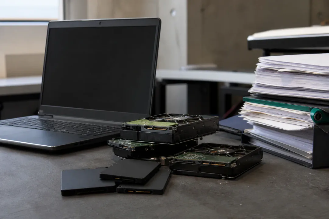 Laptop, harde schijven en stapel documenten klaar voor datavernietiging bij Fredo Recycling