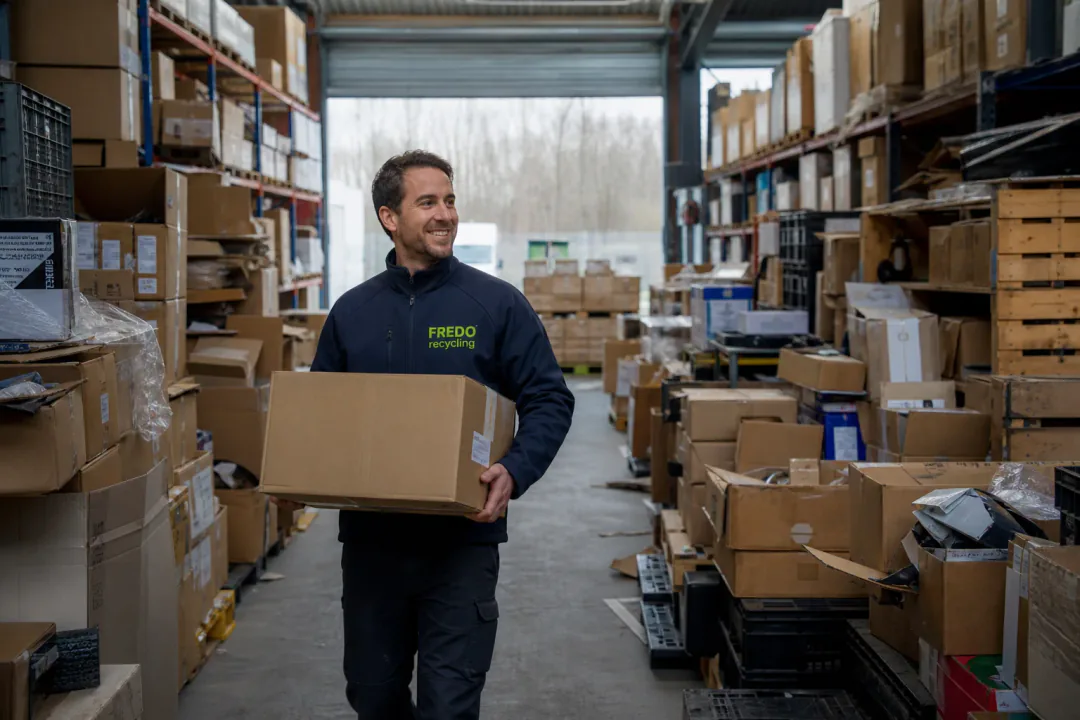 Medewerker van Fredo Recycling maakt een volle industriële loods met dozen en materiaal leeg