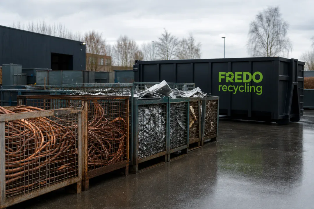 Gesorteerd metaal in volumeboxen en schrootcontainers bij Fredo Recycling in Harelbeke