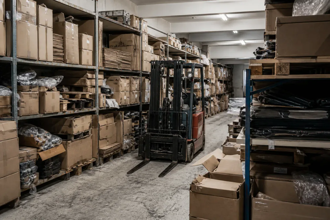 Compact magazijn met overvolle rekken bij overname van retourstock door Fredo Recycling