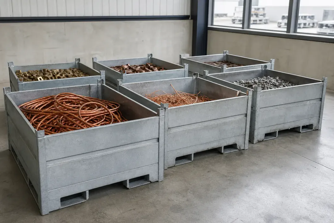 Compacte palletboxen met afzonderlijk gesorteerde metaalstromen bij Fredo Recycling