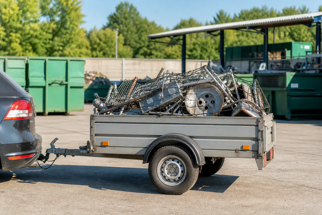 Particulier brengt oud ijzer met aanhangwagen naar Fredo Recycling in Harelbeke