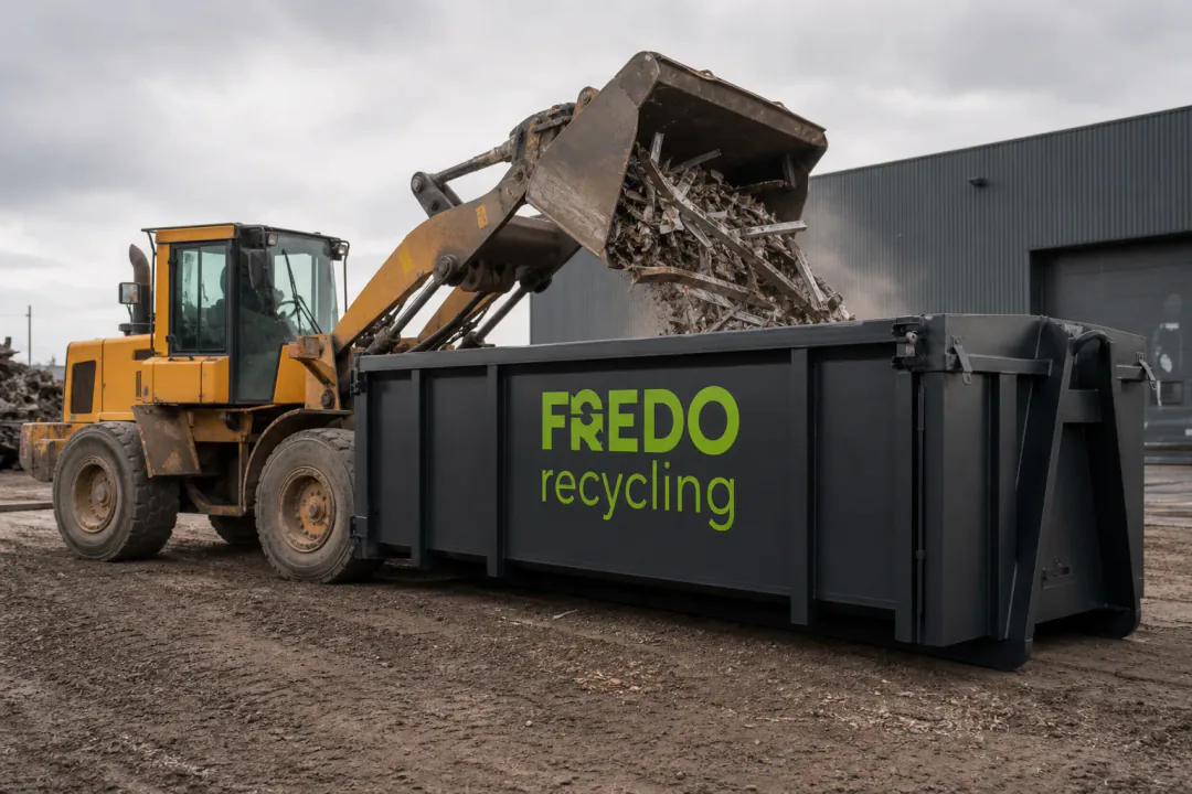 Schrootcontainer en witte MAN-vrachtwagen van Fredo Recycling op een industrieel bedrijfsterrein