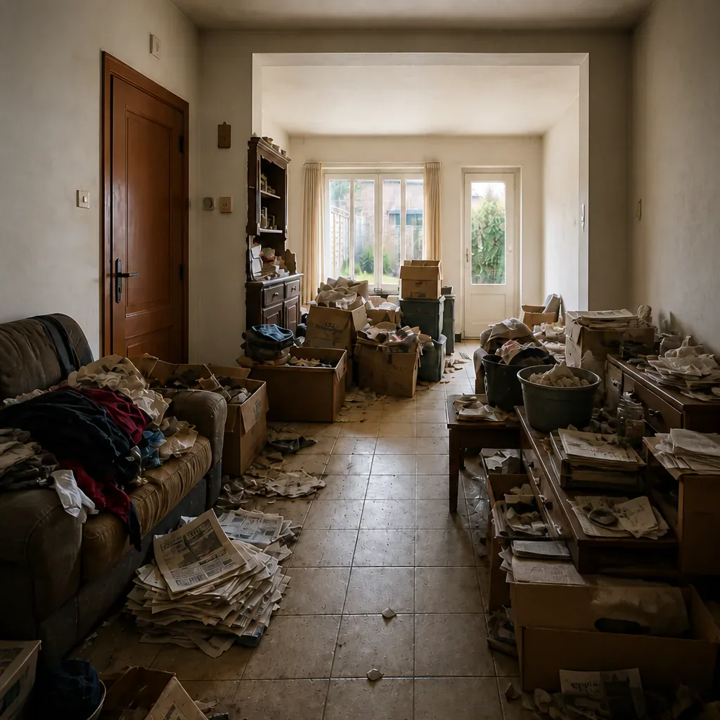 Vuile, volle living vóór inboedelruiming door Fredo Recycling